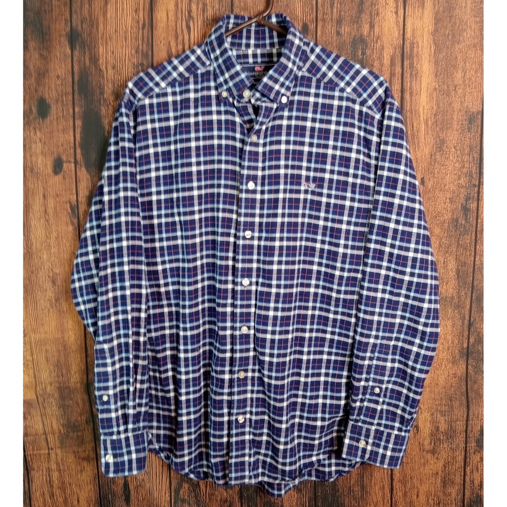 Vineyard Vines Mens Whale Shirt Medium Navy Blue Plaid Button Down Cotton L/S